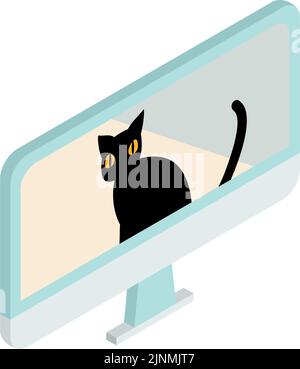 Isometrico, un'illustrazione di un gatto in una riunione online Illustrazione Vettoriale