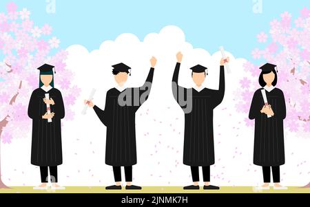 Studenti in camici che celebrano i fiori di ciliegio in piena fioritura e la cerimonia di laurea Illustrazione Vettoriale