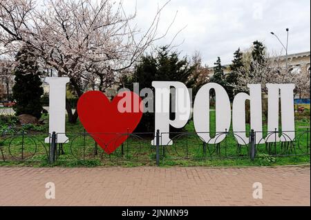 Iscrizione Io amo Podil (distretto di Kyiv) in Ucraina Kiev Foto Stock