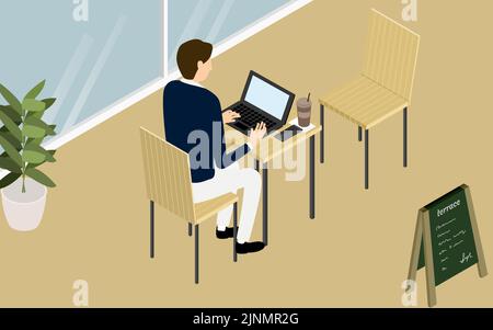 Isometric, una persona che lavora su un computer sulla terrazza di un caffè in stile legno Illustrazione Vettoriale
