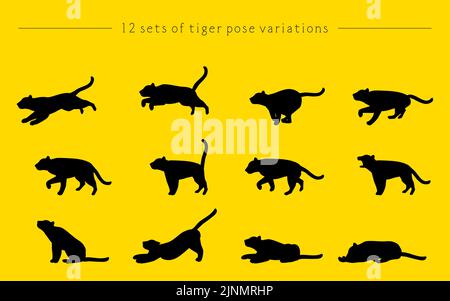 12 tipi di posa semplice della silhouette della tigre Illustrazione Vettoriale