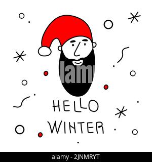 Avatar testa, faccia di buon Natale o Babbo Natale e scritta CIAO INVERNO. L'illustrazione del vettore nero e rosso di xmas in stile doodle art Illustrazione Vettoriale