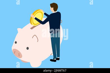 Immagine del risparmio, uomo che mette monete in banca piggy, isometrico Illustrazione Vettoriale