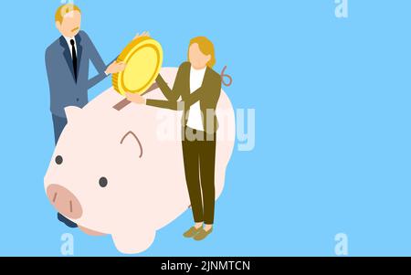 Immagine del risparmio, gli anziani e le donne che mettono le monete in piggy banche, isometriche Illustrazione Vettoriale