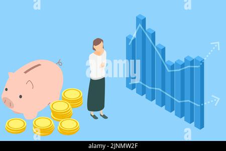 Immagine del risparmio e degli investimenti, piggy banks e monete di donne e maiali preoccupati di fronte al grafico, isometrica Illustrazione Vettoriale