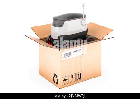 Robot autonomo all'interno di una scatola di cartone, concetto di consegna. 3D rendering isolato su sfondo bianco Foto Stock
