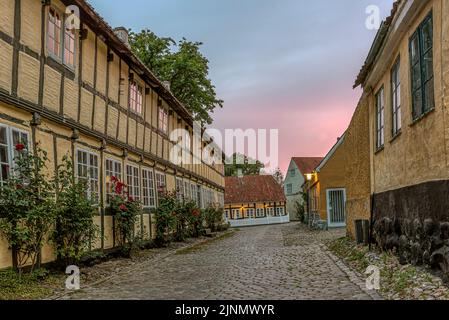 Casa a graticcio su una strada acciottolata all'ora del crepuscolo in una piccola città, Mariager, Danimarca, agosto 7 2022 Foto Stock