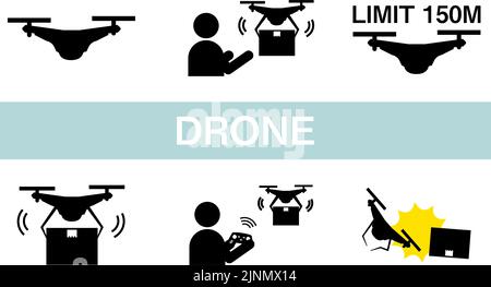 Un semplice set di icone che mostra il volo del drone, il trasporto, il crash, ecc. Illustrazione Vettoriale