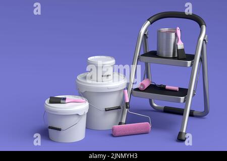 Set di lattina o secchio in metallo con rullo per pittura, spazzola e scala pieghevole viola Foto Stock