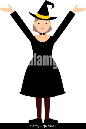 Costume di Halloween, ragazza in posa strega con le braccia sollevate Illustrazione Vettoriale