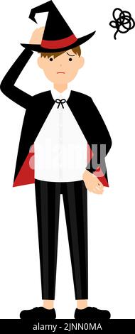 Costume di Halloween, posa di un ragazzo in costume mago con le mani sulla testa in difficoltà Illustrazione Vettoriale