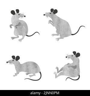 Set di carini ratti piccoli. Collezione di mouse watercolor vettoriale. Illustrazione Vettoriale