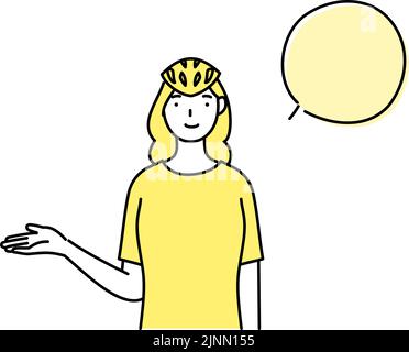 Disegno di linea di un pattinatore femmina che dà indicazioni con la mano destra, con bolla di voce Illustrazione Vettoriale