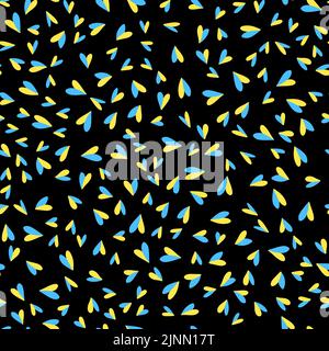 Modello vettoriale senza cuciture con cuore in colori bandiera Ucraina su sfondo nero. Sfondo ripetuto con i colori nazionali dell'Ucraina. Concetto di supporto Illustrazione Vettoriale