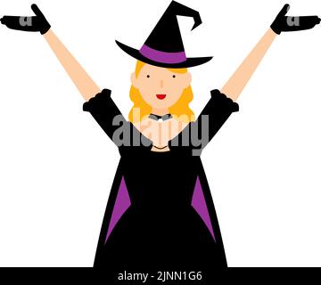 Costume di Halloween, donna in posa strega con le braccia sollevate Illustrazione Vettoriale