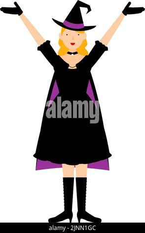 Costume di Halloween, donna in posa strega con le braccia sollevate Illustrazione Vettoriale
