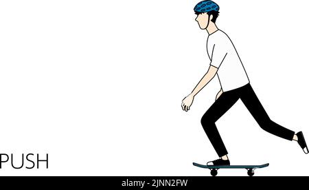 Posa base per lo skateboard, un uomo che spinge (calci) in avanti Illustrazione Vettoriale