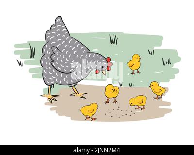 Illustrazione del vettore della famiglia del pollo. Gallina con pulcini. Disegno della carta di Pasqua. Illustrazione Vettoriale