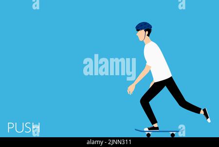 Posa base per lo skateboard, un uomo che spinge (calci) in avanti Illustrazione Vettoriale