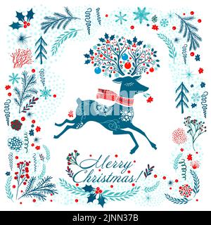 Buon Natale cartolina. Cervi carino. Illustrazione vettoriale. Biglietto d'auguri per i bambini. Illustrazione disegnata a mano su sfondo bianco. Illustrazione Vettoriale