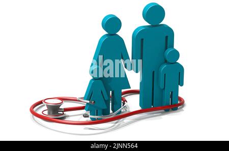 Stetoscopio usato medico con i membri della famiglia, 3D rendering Foto Stock