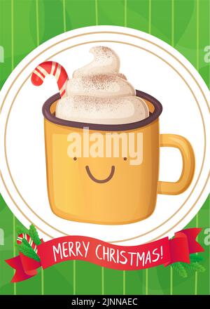 Carino cioccolato caldo con panna montata e caramella cane biglietto di auguri di natale. Illustrazione Vettoriale