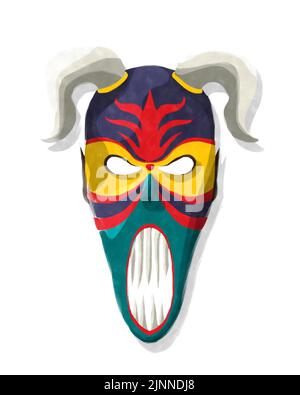 Maschera tribale con corna di Scarry in stile acquerello su bianco Foto Stock