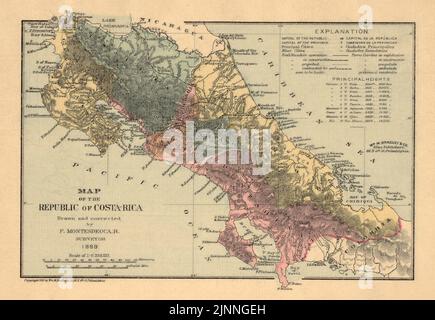 Mappa vintage della Repubblica di Costa Rica che mostra le principali caratteristiche fisiche e le divisioni amministrative del paese. Pubblicato nel 1891. Foto Stock