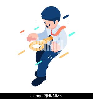 Flat 3D Isometrica Golden Key sbloccare uomo d'affari. Concetto di auto miglioramento. Illustrazione Vettoriale