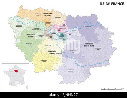 Mappa amministrativa dettagliata della regione Ile-de-France, Francia Foto Stock