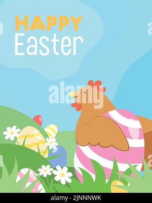 Pollo di Pasqua con uova di pasqua decorate in erba vettore illustrazione sfondo. Carina gallina che tiene un uovo di pasqua. Caccia alle uova o modello di vendita di Pasqua. Illustrazione Vettoriale