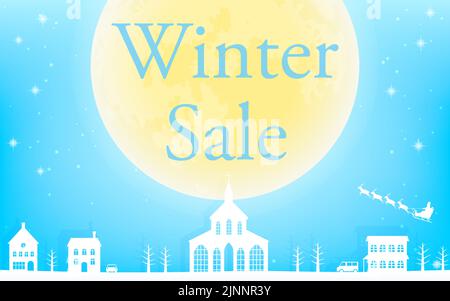 Saldi invernali, Babbo Natale volante e Luna Grande, Città Bianca e scintillante sfondo nevoso Illustrazione Vettoriale