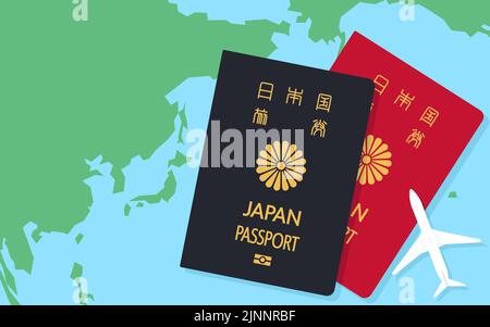 Mappa del mondo intorno al Giappone, passaporto giapponese e modello di aereo, passaporto generale, blu scuro e rosso - traduzione: Passaporto giapponese Illustrazione Vettoriale