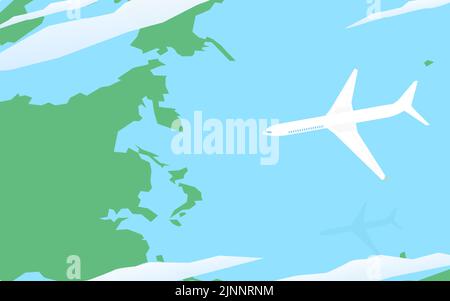 Aerei che volano sopra il Giappone e nuvole fluenti, vista dall'alto Illustrazione Vettoriale