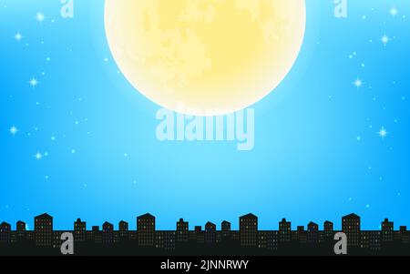 Lo scintillante cielo notturno, la luna piena e la città di notte. Illustrazione Vettoriale