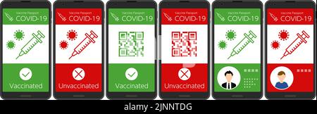 Corona Vaccine Proof Vaccination App, 6 Vaccine Passport Screens Illustrazione Vettoriale