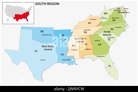 Mappa vettoriale amministrativa della regione del censimento degli Stati Uniti Sud Foto Stock