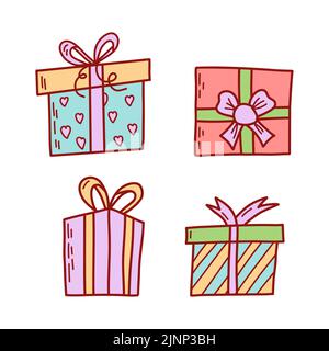 Set di scatole regalo, stile doodle disegnato a mano. Regali di compleanno. Illustrazione del vettore piatto. Illustrazione Vettoriale