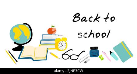 Torna a scuola illustrazione con cancelleria scuola sveglia, globo, notebook, matita, vetro, libri su sfondo bianco Illustrazione Vettoriale