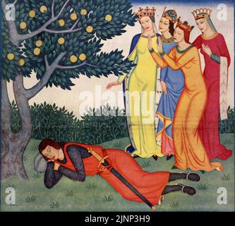 'The tale of Lancelot and the Four Queens' pubblicato il 3,1940 marzo nella rivista American Weekly Sunday dipinta da Edmund Dulac. Foto Stock