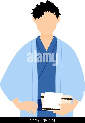 Uomo in yukata, con un haori e una vasca da bagno, immagine di una sorgente calda Illustrazione Vettoriale