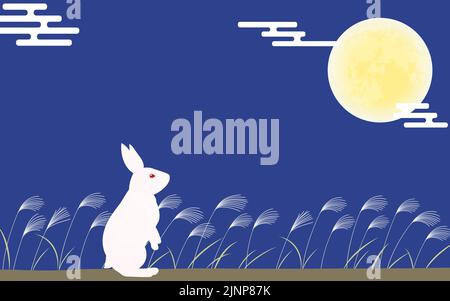 Osservazione di coniglio e luna, campo d'erba argento nella notte d'autunno, sfondo giapponese con luna e eh foschia. Illustrazione Vettoriale