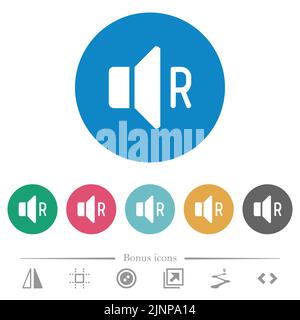 Icone bianche piatte del canale audio destro su sfondi di colore rotondo. 6 icone bonus incluse. Illustrazione Vettoriale