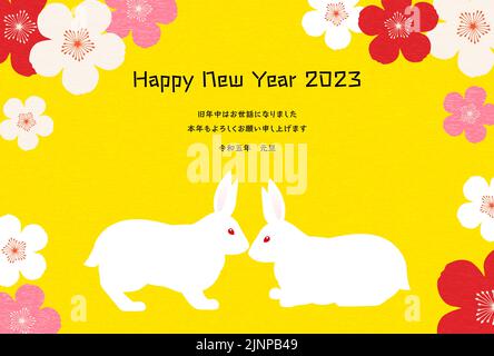 Biglietti di Capodanno per l'anno del coniglio 2023 coniglio e prugna - traduzione: Felice anno nuovo, grazie ancora quest'anno. Illustrazione Vettoriale
