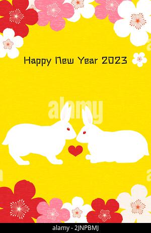 Biglietti di Capodanno per l'anno del coniglio 2023 coniglio e prugna - traduzione: Felice anno nuovo, grazie ancora quest'anno. Illustrazione Vettoriale