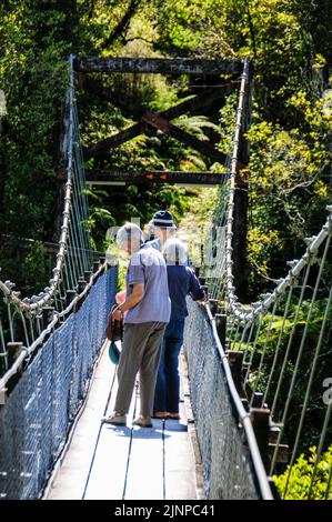 I visitatori sul ponte sospeso sopra la gola di Hokitka nella foresta pluviale sulla costa occidentale dell'Isola del Sud in Nuova Zelanda Foto Stock