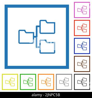 Le cartelle condivise delineano icone di colore piatto in riquadri quadrati su sfondo bianco Illustrazione Vettoriale