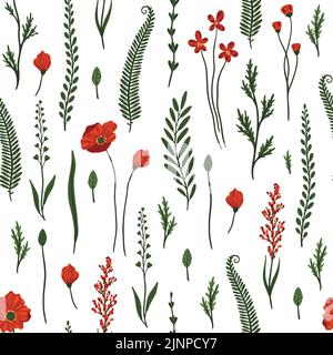 Fiori di papavero rosso e fiori da giardino. Modello senza cuciture Illustration.Hand disegnato stile, Design per la moda, tessuto, carta da parati, stampe Illustrazione Vettoriale