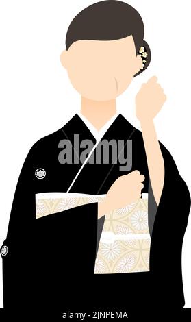 Donna anziana in kurotomesode, kimono-rivestito, posato setPause per fissare i capelli. Illustrazione Vettoriale