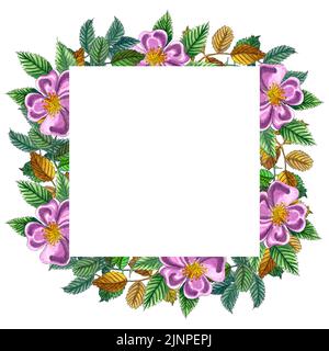 Corona acquerello con ramo di rosa canina, bacche rosse, fiori in fiore e foglie verdi. Radica dipinta a mano e fianchi isolati su sfondo bianco. IO Foto Stock